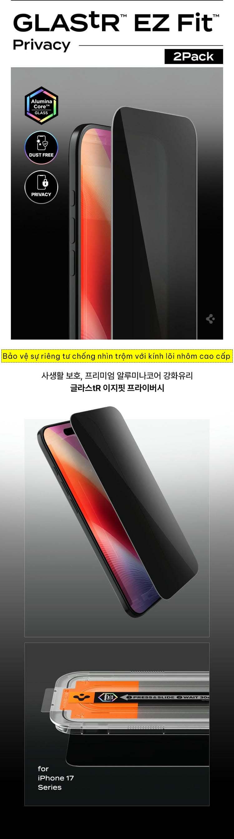 Kính cường lực chống nhìn trộm iPhone 17 Pro Max Spigen Glas.tR EZ FIT 1